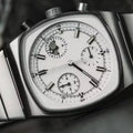 Ciloa square retro automatic chronograph watch with white dial closeup detail and silver case