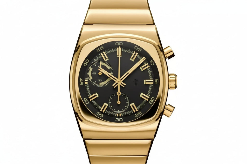 Ciloa square retro vintage automatic chronograph watch with black dial and gold case, front view