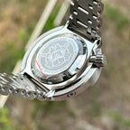 Engraved caseback of the STEELDIVE SD1975K reading All Stainless Steel, Automatic Movement NH35, Dive 300M