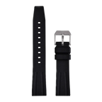 Fluororubber diving watch strap band in black with silver buckle, front laid-flat view