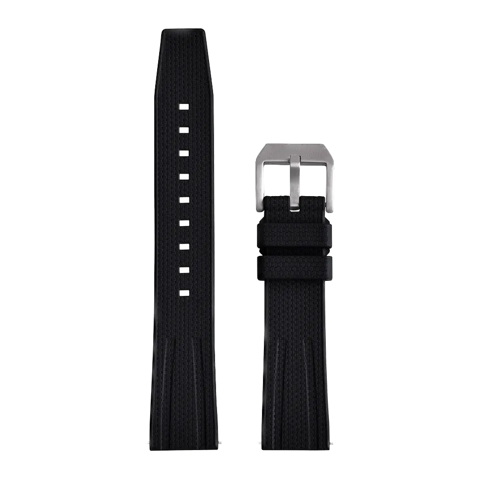 Fluororubber diving watch strap band in black with silver buckle, front laid-flat view