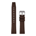 Fluororubber diving watch strap band in brown with silver buckle, front laid-flat view