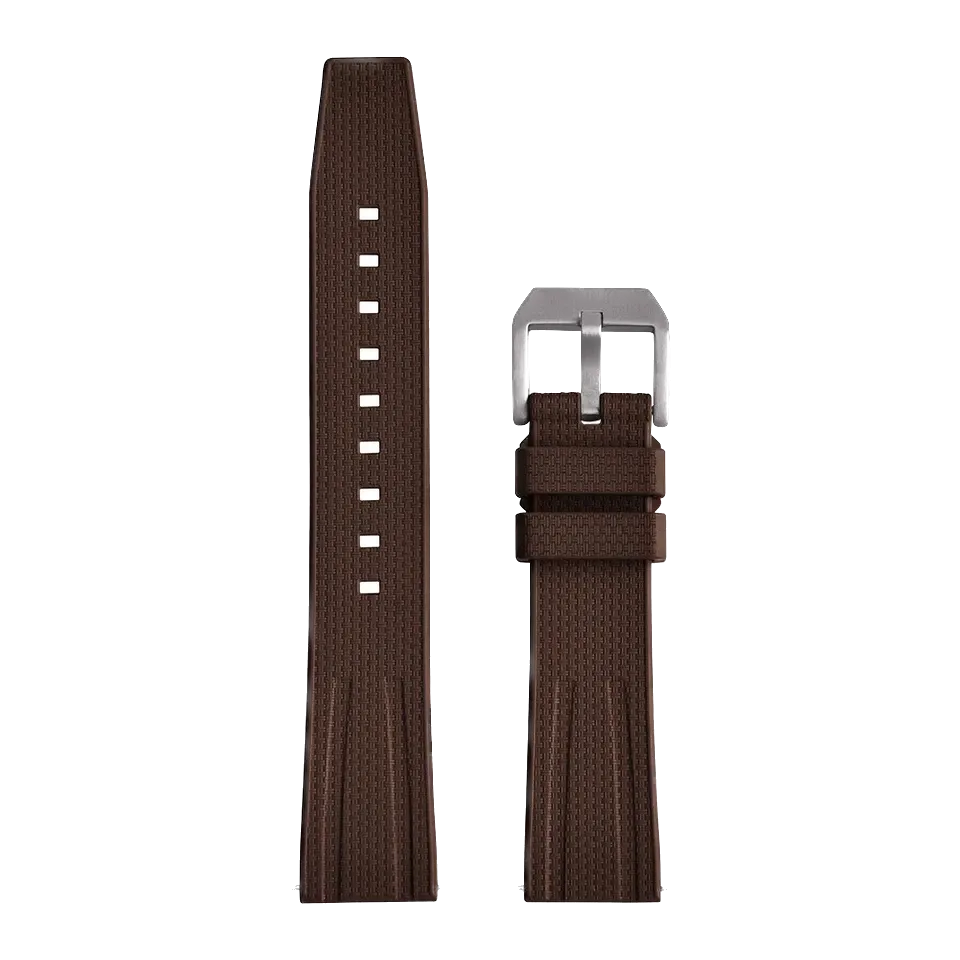 Fluororubber diving watch strap band in brown with silver buckle, front laid-flat view