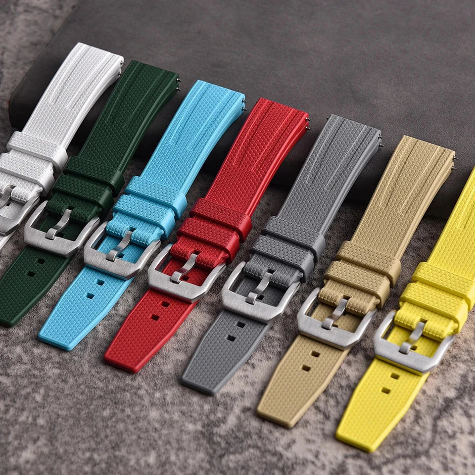 Fluororubber diving watch strap band color comparison in white, green, sky blue, red, grey, khaki and yellow