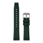 Fluororubber diving watch strap band in dark green with silver buckle, front laid-flat view