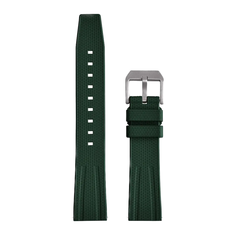 Fluororubber diving watch strap band in dark green with silver buckle, front laid-flat view
