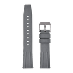 Fluororubber diving watch strap band in grey with silver buckle, front laid-flat view