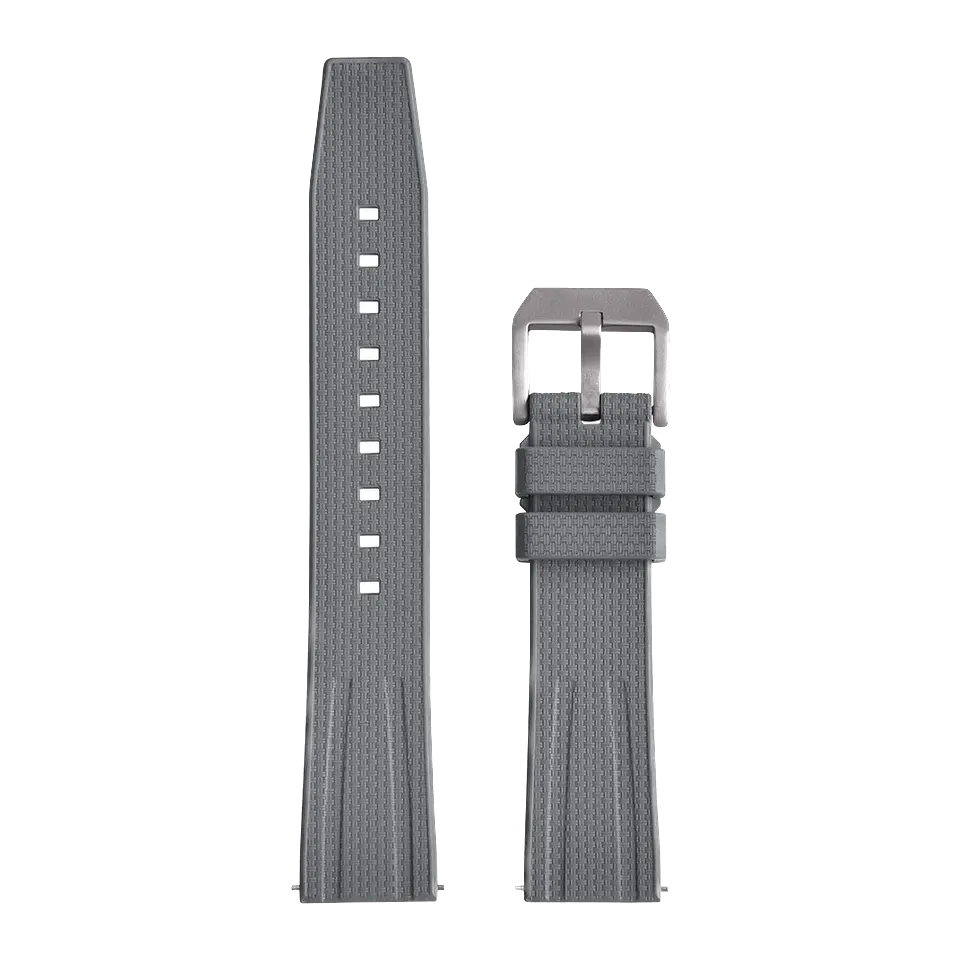 Fluororubber diving watch strap band in grey with silver buckle, front laid-flat view