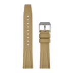 Fluororubber diving watch strap band in khaki tan with silver buckle, front laid-flat view