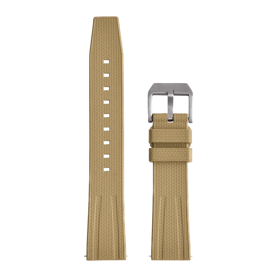 Fluororubber diving watch strap band in khaki tan with silver buckle, front laid-flat view