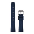 Fluororubber diving watch strap band in navy blue with silver buckle, front laid-flat view