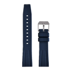 Fluororubber diving watch strap band in navy blue with silver buckle, front laid-flat view