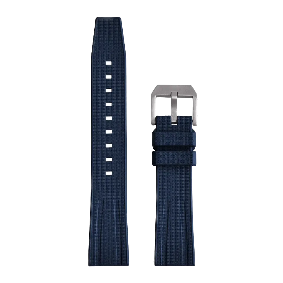 Fluororubber diving watch strap band in navy blue with silver buckle, front laid-flat view