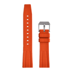 Fluororubber diving watch strap band in orange with silver buckle, front laid-flat view