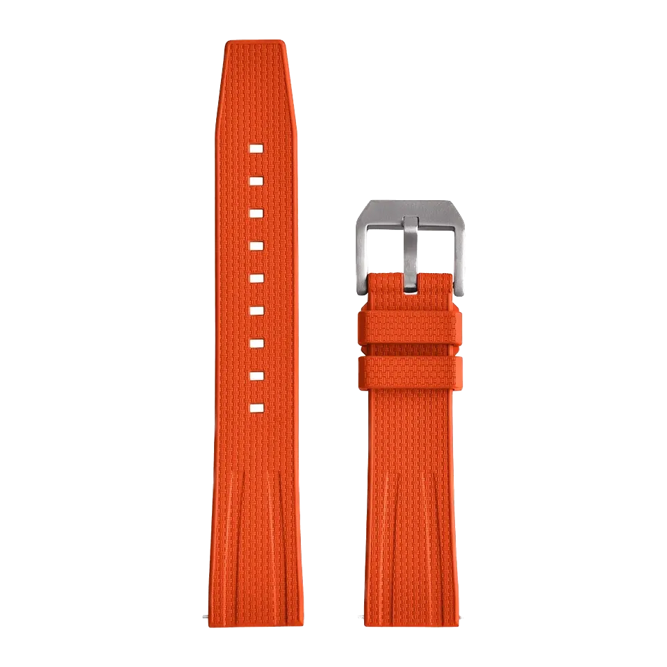 Fluororubber diving watch strap band in orange with silver buckle, front laid-flat view