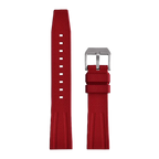 Fluororubber diving watch strap band in red with silver buckle, front laid-flat view