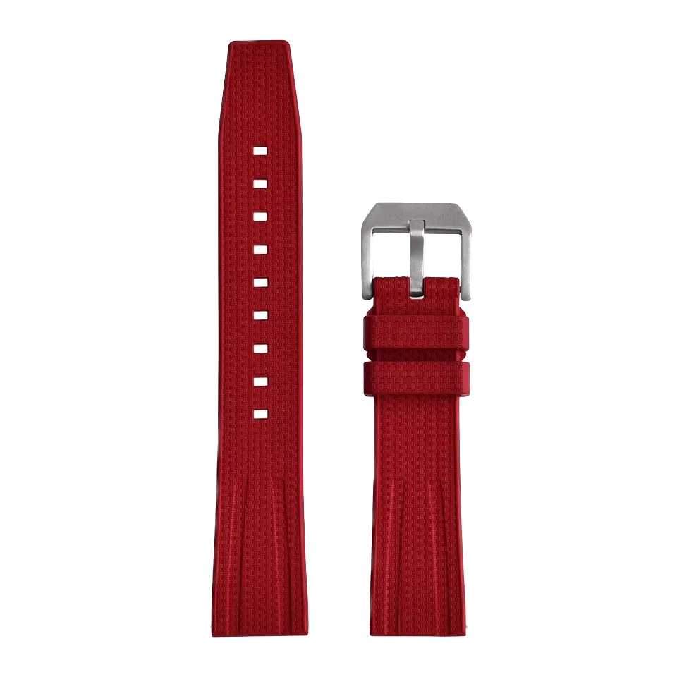 Fluororubber diving watch strap band in red with silver buckle, front laid-flat view