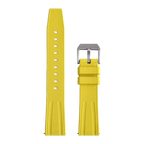Fluororubber diving watch strap band in yellow with silver buckle, front laid-flat view
