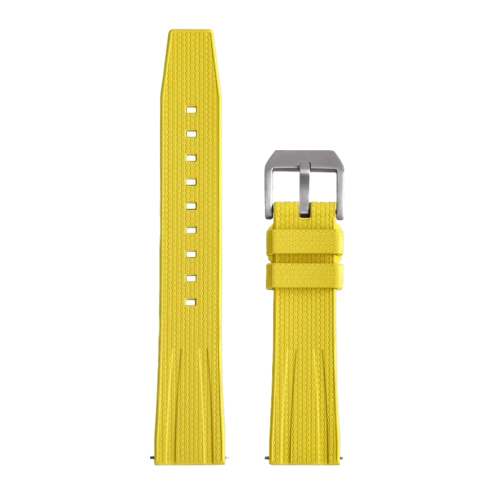 Fluororubber diving watch strap band in yellow with silver buckle, front laid-flat view