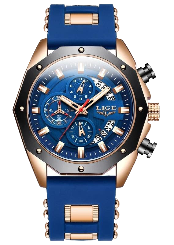 Blue watch with rose gold accents on a white background