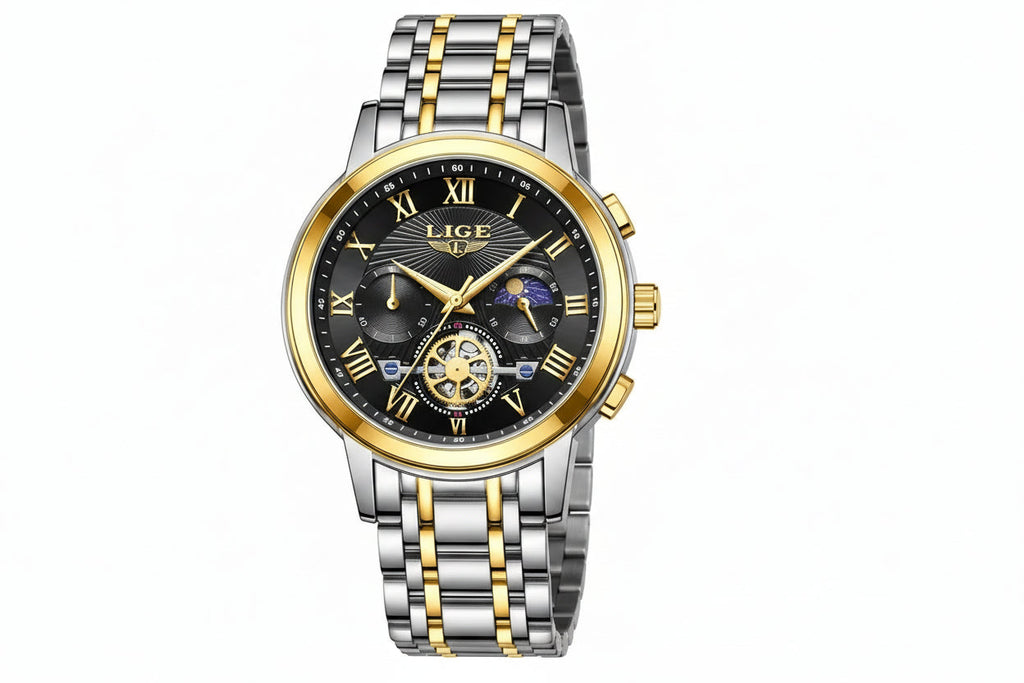 LIGE luxury watch with black dial and two-tone silver gold case, front view