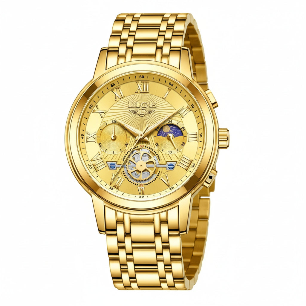 LIGE luxury watch with gold dial and gold case bracelet, side angle