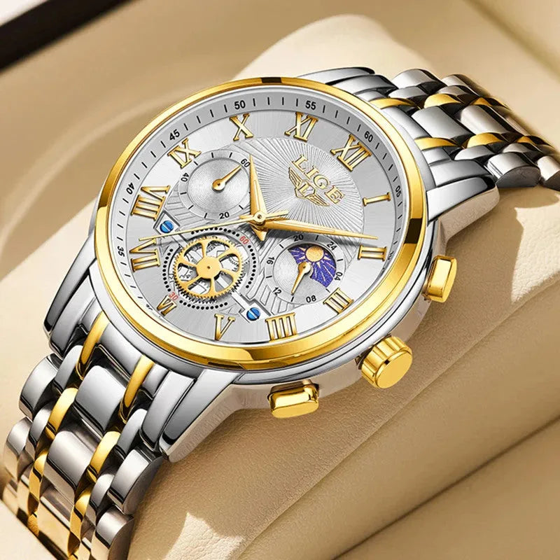 LIGE luxury watch with white dial and two-tone silver gold case, close-up detail
