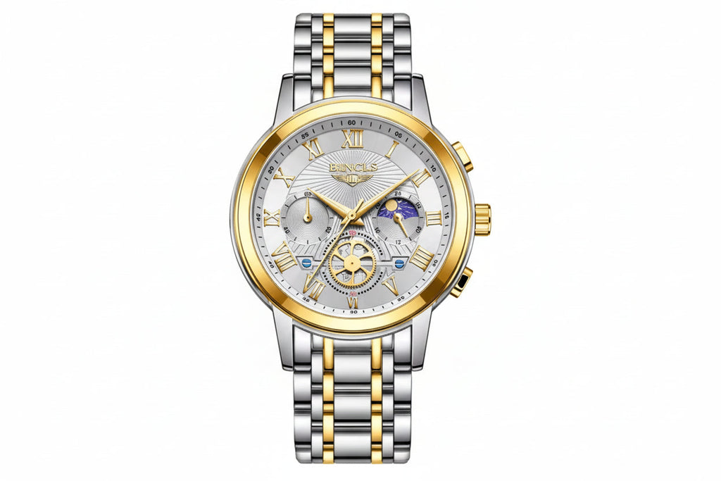 LIGE luxury watch with white dial and two-tone silver gold case, front view