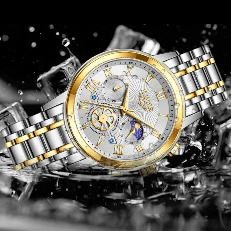 LIGE luxury watch with white dial in water splash waterproof feature shot
