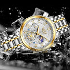 LIGE luxury watch with white dial in water splash waterproof feature shot