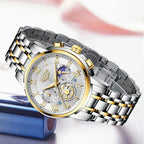 LIGE Luxury women's chronograph watch with white dial and two-tone steel bracelet, angled front view