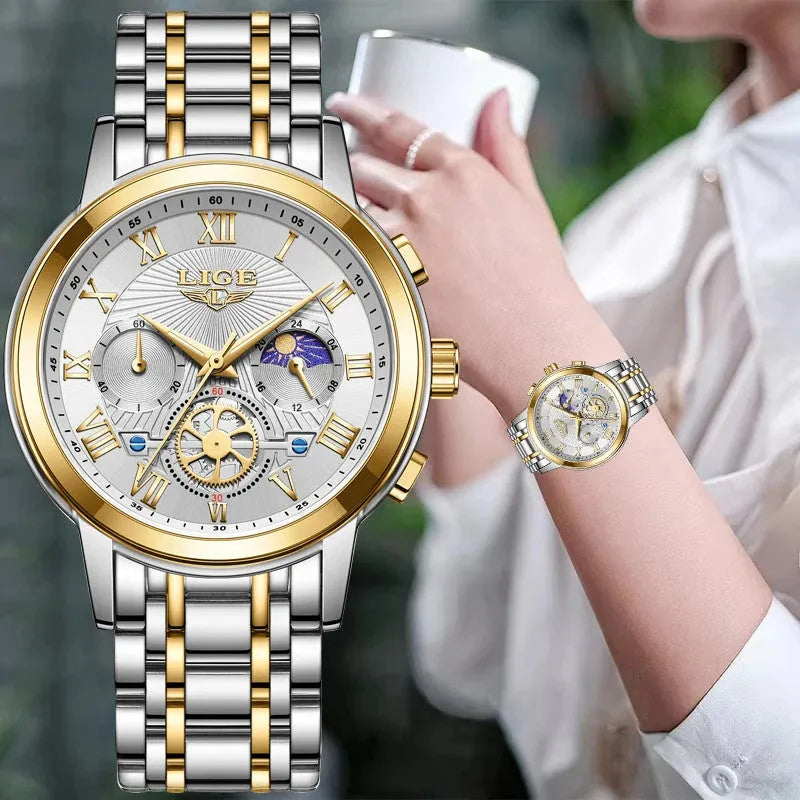 LIGE Luxury women's chronograph watch with white dial and two-tone steel bracelet worn by a woman holding a cup