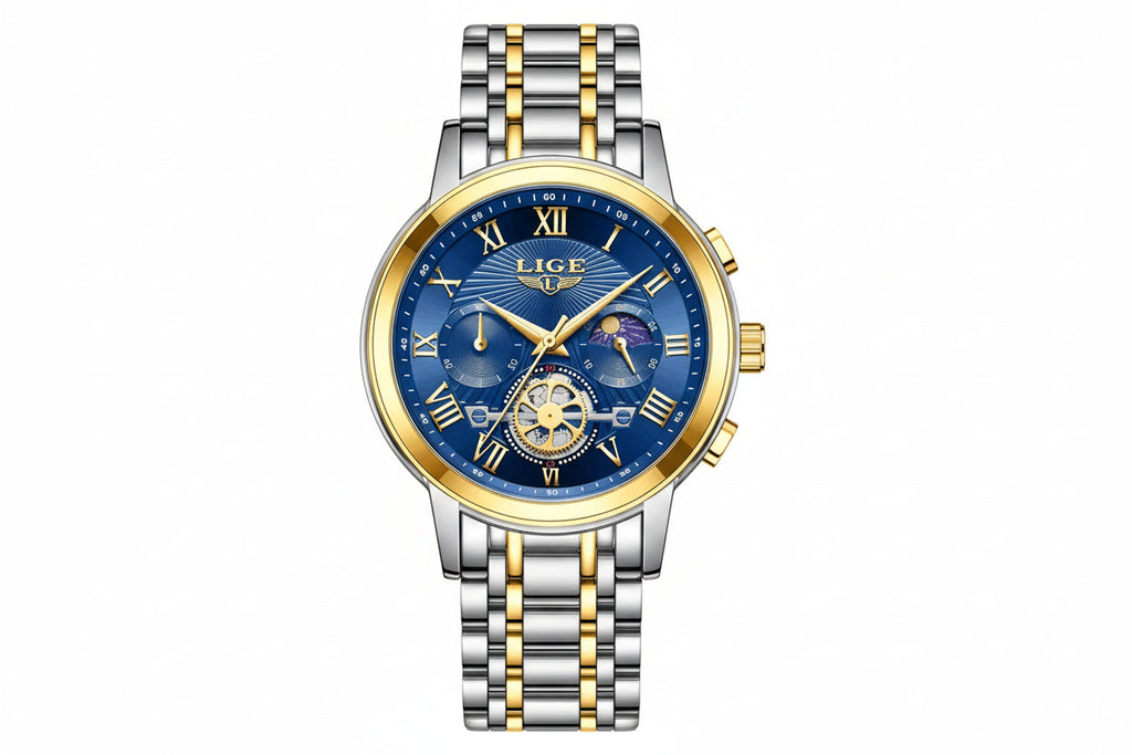 LIGE Luxury Women's Waterproof Watch with rose gold blue dial, angled view