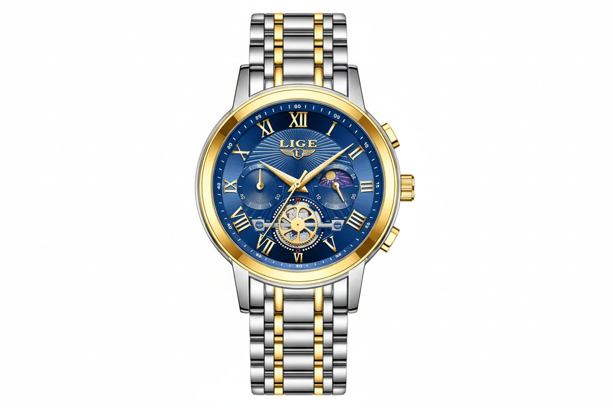 LIGE Luxury Women's Waterproof Watch with rose gold blue dial, angled view