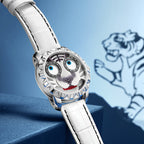 Lucky Harvey ZLS102-1 automatic tiger-dial watch in lifestyle scene with leaping tiger backdrop