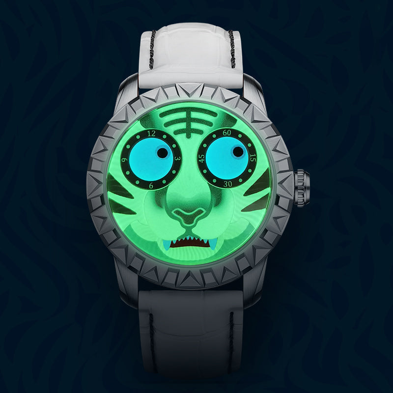 Lucky Harvey ZLS102-1 automatic watch with luminous green tiger dial glowing in the dark