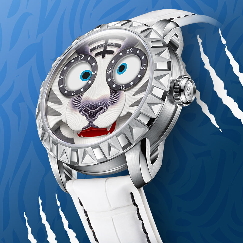 Lucky Harvey ZLS102-1 automatic tiger-dial watch shown from a three-quarter side angle