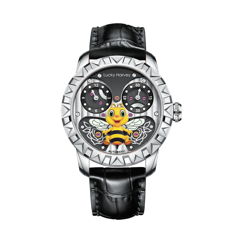 Lucky Harvey ZLS103-1 honey bee automatic watch with silver case and black dial, front view