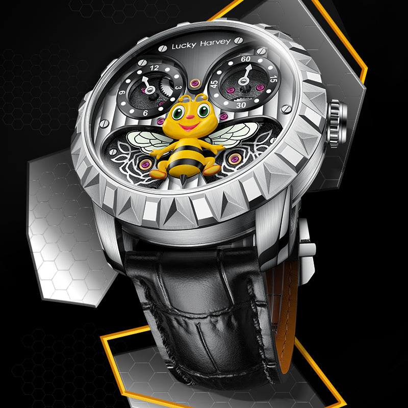 Lucky Harvey ZLS103-1 honey bee automatic watch on dark honeycomb themed background with yellow accents