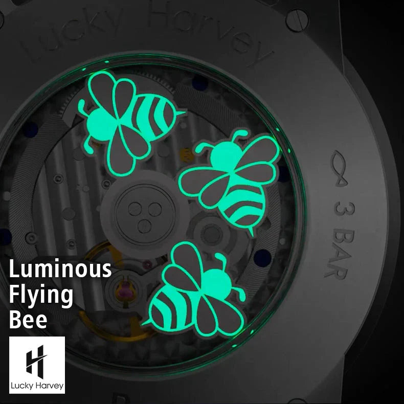 Lucky Harvey ZLS103-1 watch caseback with luminous flying bee design glowing green in the dark