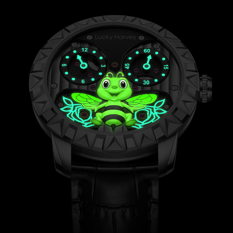 Lucky Harvey ZLS103-2 bee automatic watch dial glowing green in the dark, lume shot