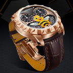 Lucky Harvey ZLS103-2 rose gold bee automatic watch with brown strap and rose gold clasp on dark backdrop