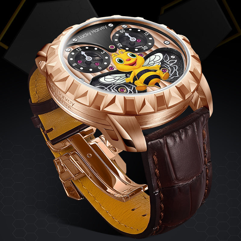 Lucky Harvey ZLS103-2 rose gold bee automatic watch with brown strap and rose gold clasp on dark backdrop