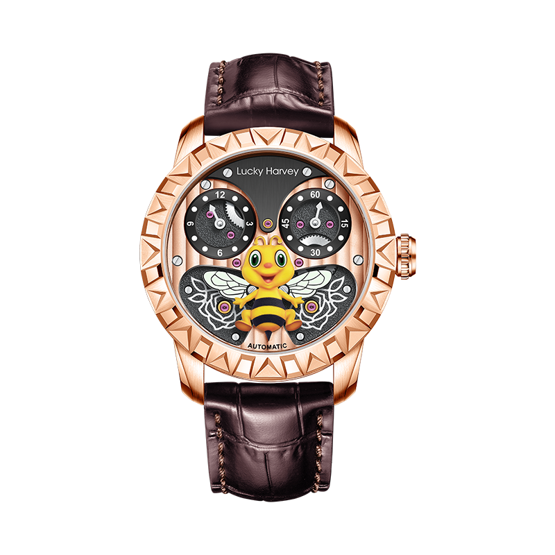 Lucky Harvey ZLS103-2 rose gold honey bee automatic watch with brown leather strap, front view