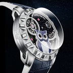 Lucky Harvey ZLS104-1 silver owl automatic watch, three-quarter side view with domed crystal