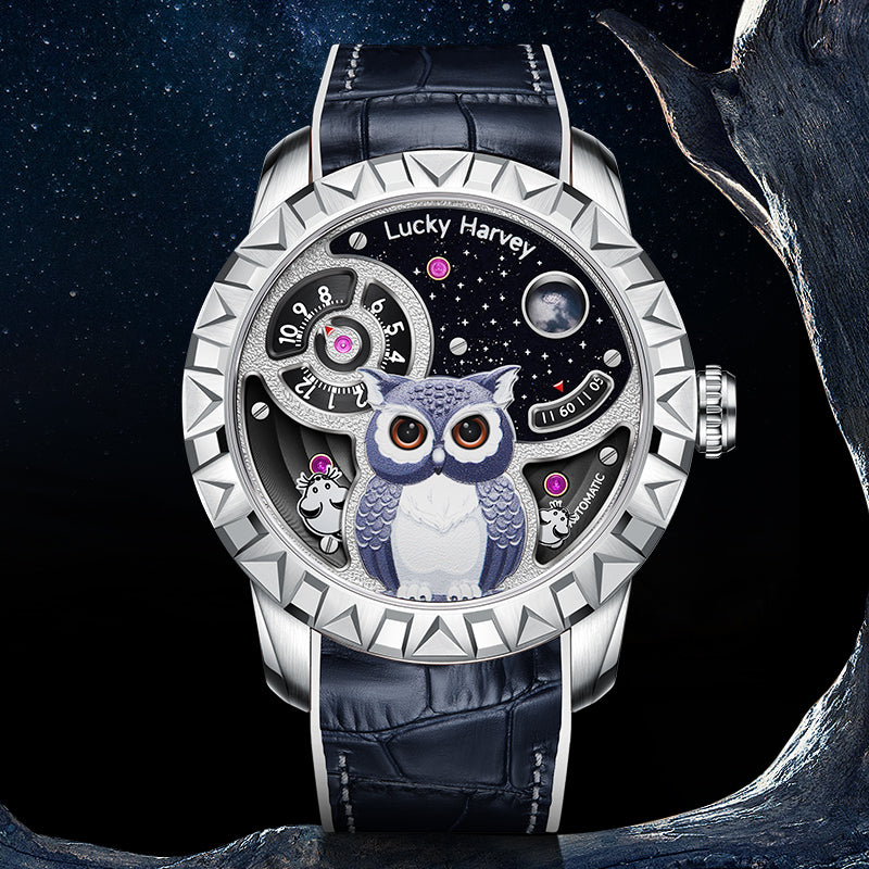 Lucky Harvey ZLS104-1 silver owl automatic watch in starry night scene with rocky setting