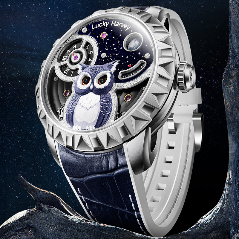 Lucky Harvey ZLS104-1 silver owl automatic watch resting on rock, starry night lifestyle scene