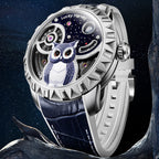 Lucky Harvey ZLS104-1 silver owl automatic watch resting on rock, starry night lifestyle scene