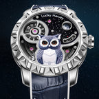 Lucky Harvey ZLS104-1 silver owl automatic watch with moon and stars dial, front lifestyle view