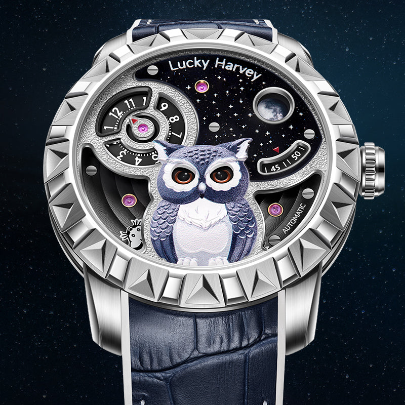 Lucky Harvey ZLS104-1 silver owl automatic watch with moon and stars dial, front lifestyle view